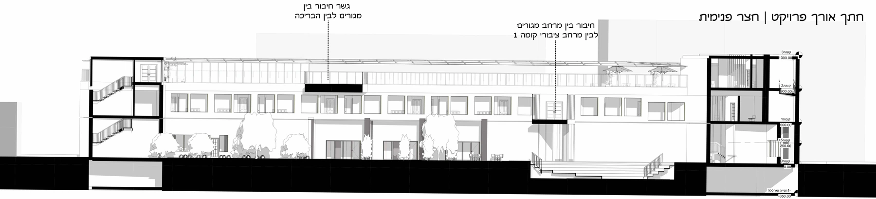 חתך אורך — החצר מחברת את המפלסים — שרטוט המקור